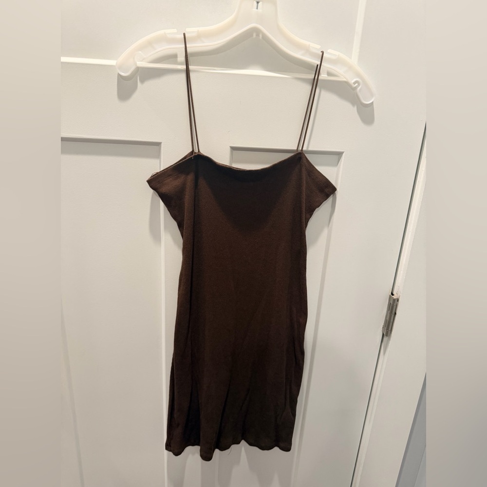 Fashion Nova Brown Ribbed Spaghetti Strap Mini Dress Bodycon Size Large Y2K
